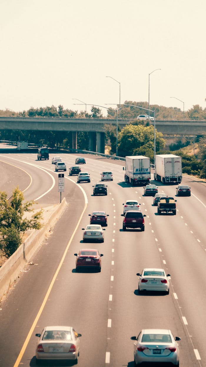 A vibrant highway showcasing traffic with cars and trucks under a clear sky.